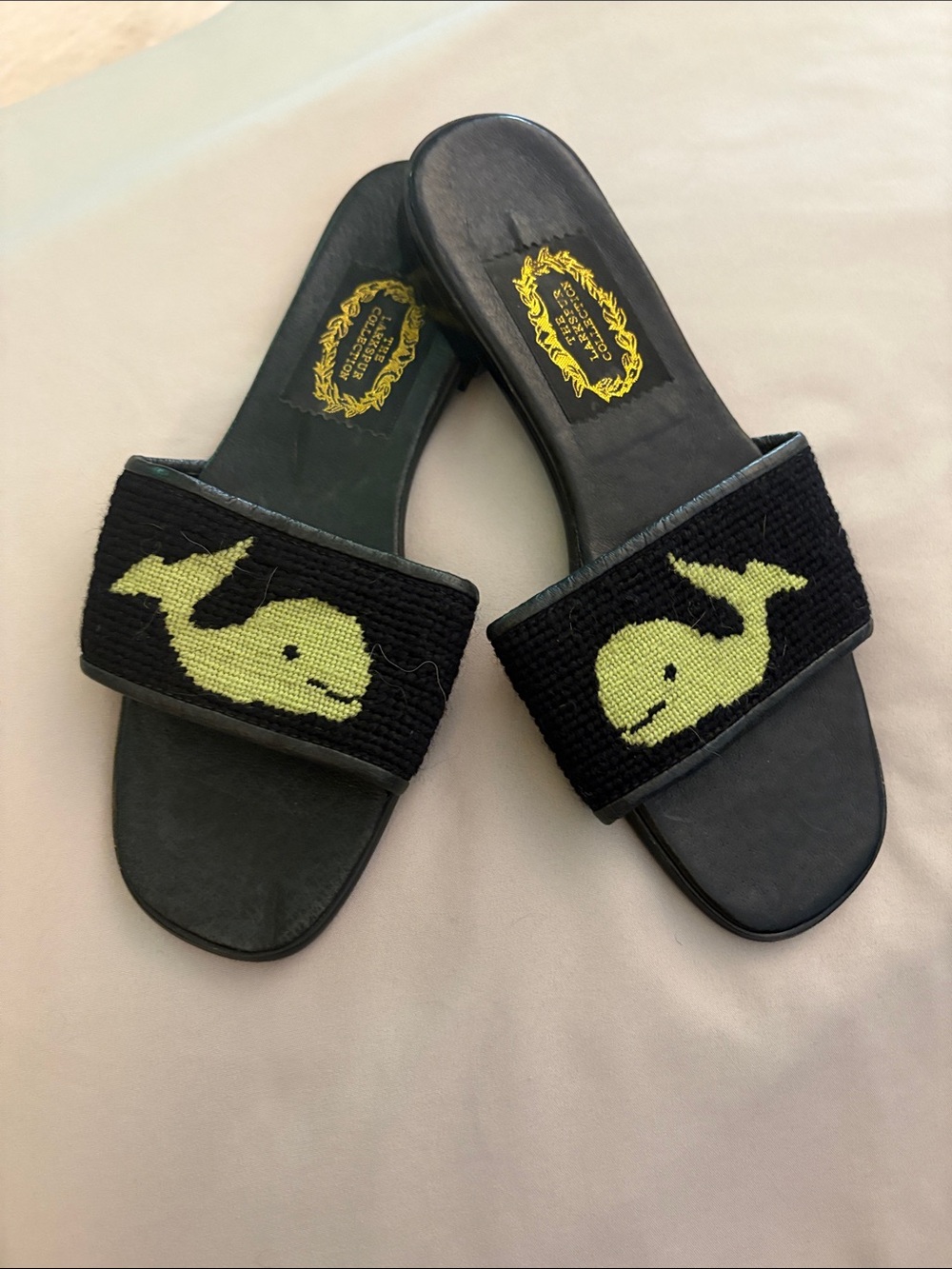 Black Slide Sandals with Lime Green Whale Needlepoint